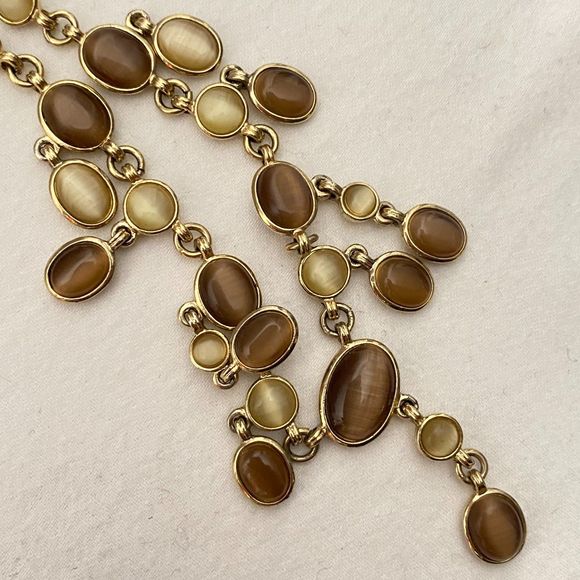 Vintage 70s Small Tiger's Eye Stones Necklace On Gold Tone Chain Links - Picture 7 of 13